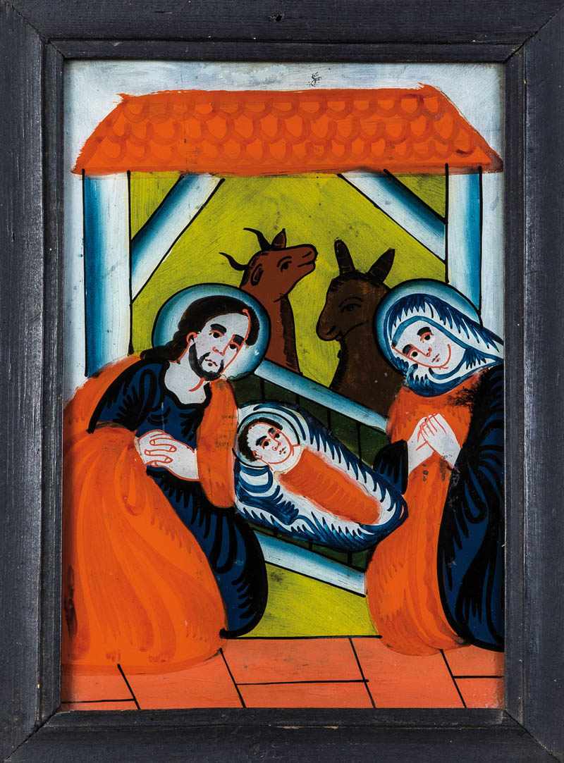 Hinterglasbild mit der Geburt JesuSandl, Mitte 19. Jh. In leuchtenden Farben vor weißem Fond gemalte