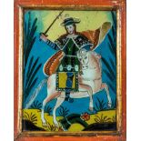 Hinterglasbild mit dem Hl. JakobusSpanien, E. 18./A. 19. Jh. In bunten Farben gemalte Darstellung