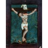 Drei HinterglasbilderSandl und Buchers, 18./1. H. 19. Jh. Jesus am Kreuz und Kreuzigung mit den Arma