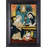 Hinterglasbild mit der Heiligen FamilieSandl, A. 19. Jh. Vor graublauem Fond in bunten Farben