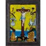 Hinterglasbild mit der KreuzigungSandl, 19. Jh. Vor senffarbenem Fond in bunten Farben gemalt, teils