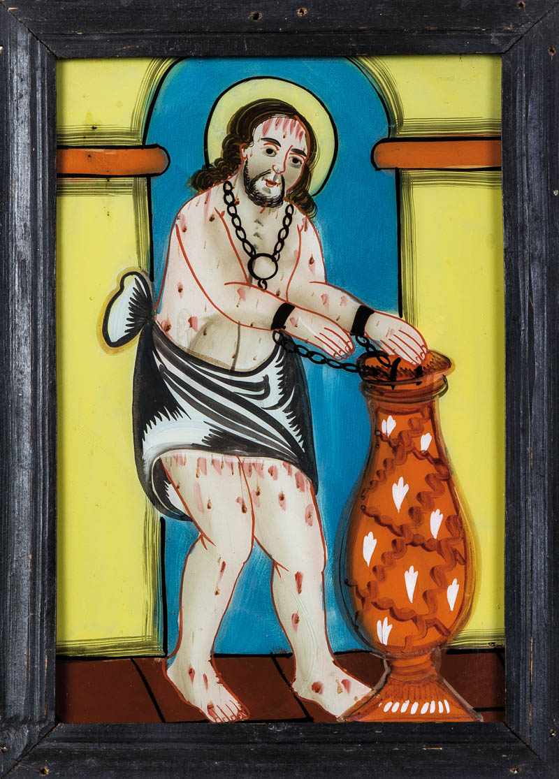 Hinterglasbild mit Christus im Kerker (Wiesheiland)Sandl, 19. Jh. In bunten Farben gemalte