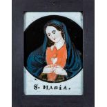 Hinterglasbild "S. MARIA"Sandl, Mitte 19. Jh. Vor weißem Fond schwarze Kartusche mit polychrom