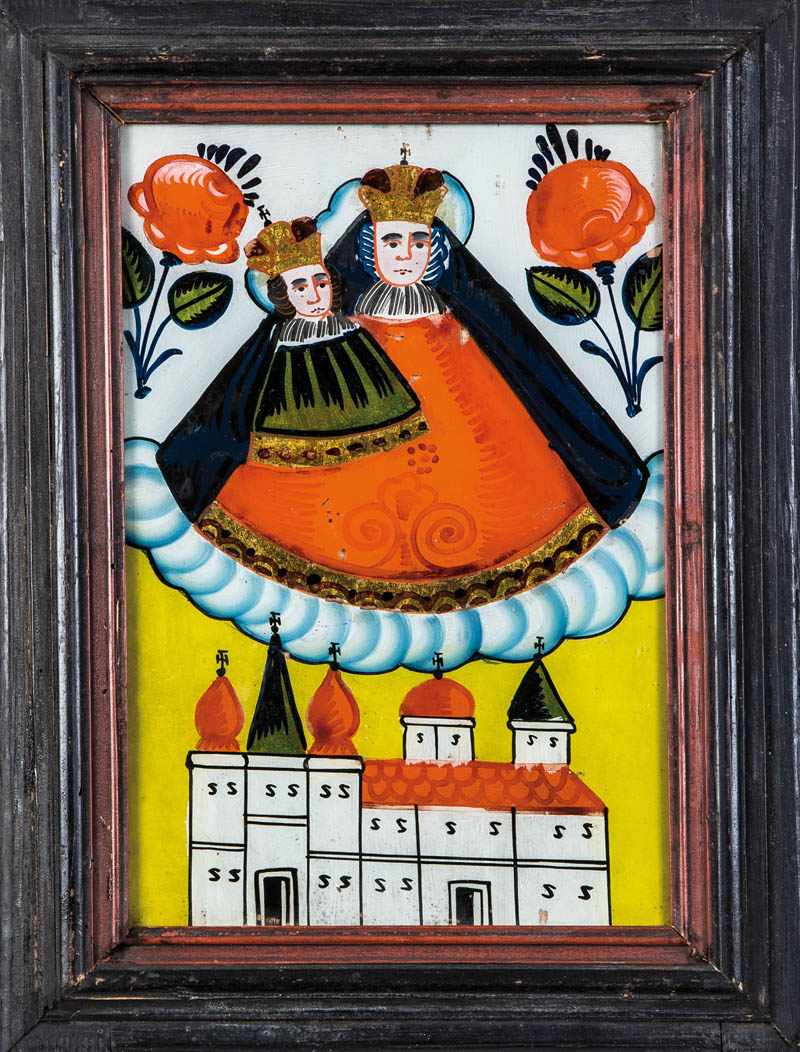 Hinterglasbild mit dem Gnadenbild Maria ZellSandl, 1. H. 19. Jh. In bunten Farben gemalte, teils mit