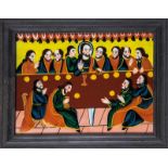 Hinterglasbild mit dem Heiligen AbendmahlSandl, 19. Jh. Vor gelbem Fond in bunten Farben gemalte,