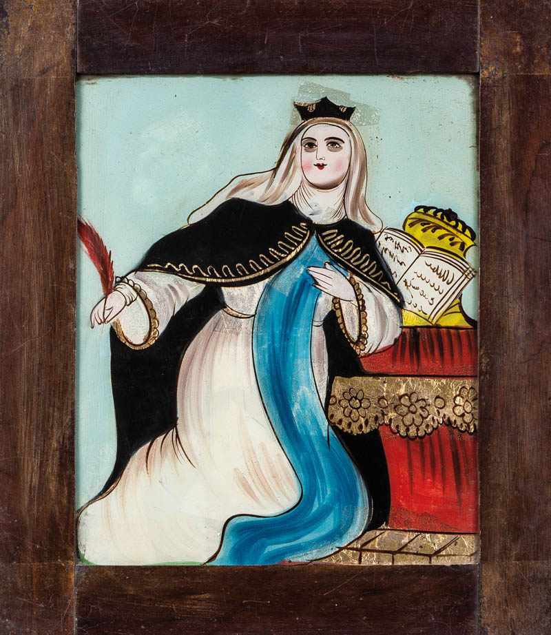 Hinterglasbild mit der Hl. Teresa von ÁvilaSpanien, 1. H. 19. Jh. In bunten Farben und Goldfolie