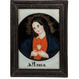 Hinterglasbild "S. MARIA"Sandl, 1. H. 19. Jh. In runder Kartusche vor weißem Fond polychrom