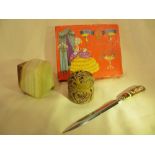 A Royal Crown Derby letter opener; and Indian trinket box; an Onyx paperweight and a vintage