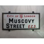 An original vintage London street sign: Muscovy Street. H:30cm x W:66cm. PLEASE NOTE THAT THIS