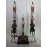 2x Vintage beer pumps, and an ornamental beer pump on wooden plinth. All with ceramic handles