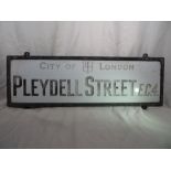 An original vintage London street sign: Pleydell Street. H:30cm x W:96cm. PLEASE NOTE THAT THIS ITEM