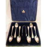 A set of 6x sterling silver spoons and sugar nips (all hallmarked), in a Mappin & Webb box (a/f).