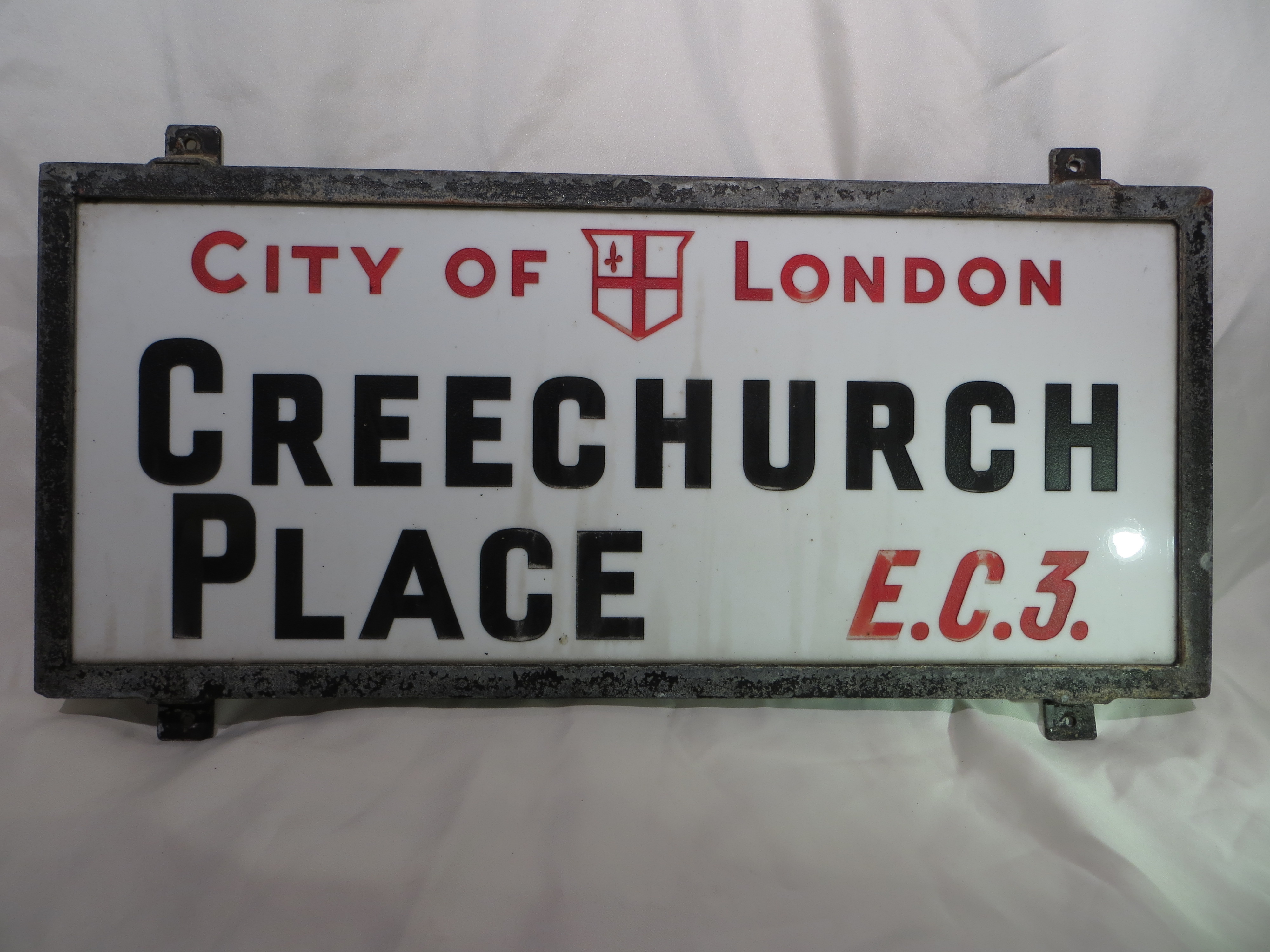 An original vintage London street sign: Creechurch Place. H:30cm x W:66cm. PLEASE NOTE THAT THIS