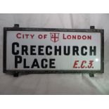 An original vintage London street sign: Creechurch Place. H:30cm x W:66cm. PLEASE NOTE THAT THIS