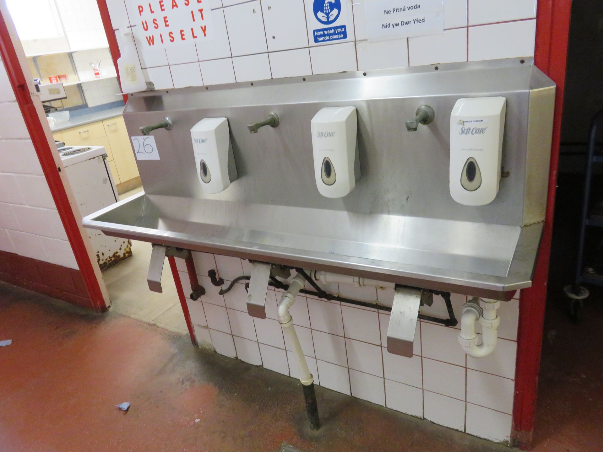 3 man knee operated S/s Sink with soap dispensers. Approx. 1600mm x 350mm deep LIFT OUT £20