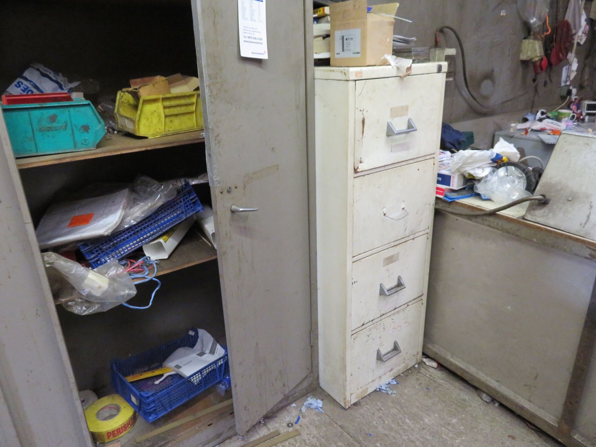 Metal Cupboard and filing Cabinet with contents of various items/electricals