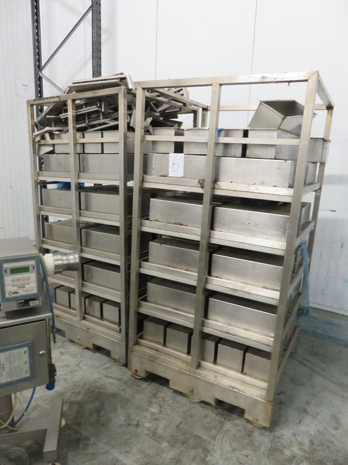 2 x S/s Trolleys with 6 shelves with 54 S/s ham moulds with lids internally 430x165x150mm. LO £30