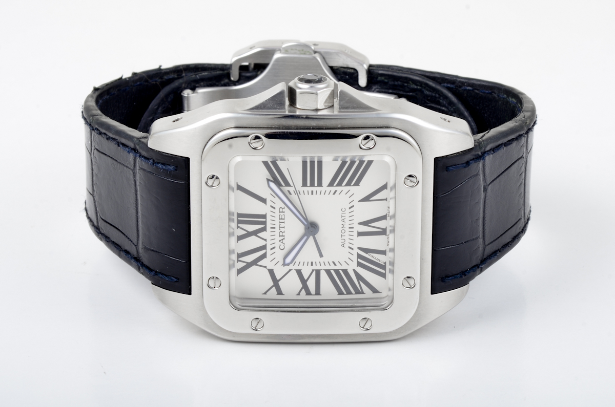 Very large size Cartier Santos stainless steel man's automatic watch. back of watch stamps Santos