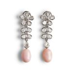 A pair of conch pearl and diamond pendant earrings