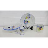 A Scottish Pottery breakfast set hand painted in a Balloons pattern comprising a bowl and mug