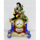 A Paris porcelain mantle clock, late 19th century, modelled with a Pirate and Anchor above the