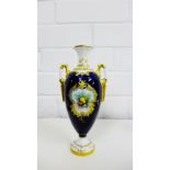 An Edwardian Royal Worcester miniature twin handled vase, cobalt ground with a fruit painted