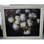 Mary Cockburn White Chrysanthemums oil-on-board in painted gilt wood frame, label verso 60cm x 50cm