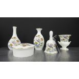 A collection of five Wedgwood bone china Kutani Crane pattern porcelains to include three vases, a