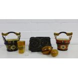 A mixed lot of wooden wares to include a Mauchline ware medicine cup and holder depicting The