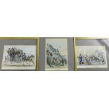 Collection of three Italian coloured engravings to include Salita Al Vesuvio, and Calesso Di Resina,