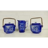 A collection of Ye Olde Davenport blue and white Staffordshire pottery comprising a jug and two