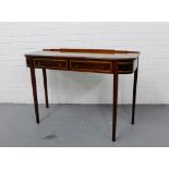 A mahogany and satin inlaid ledgeback side table, the shaped moulded top over two short drawers on