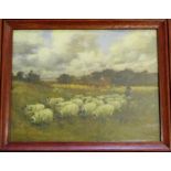 George Fiddes Watt Shepherd and his Flock in a Country Landscape Oil-On-Board Signed bottom left, in