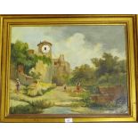 A 'Clock' tower oil painting with figures to the foreground, oil-on-canvas, indistinctly signed