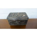 A continental silver plated on copper casket with figures depicting a boar hunt (plate worn) 16 x