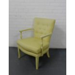 A contemporary cream painted open armchair with cream upholstered button back and seat, 78cm x 58cm