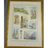 David MacMillan Edinburgh Montage Watercolour, signed and dated 1990 in a glazed frame, 35 x 53cm