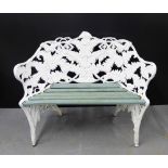 A cast aluminium fern pattern Coalbrookdale style two seater garden bench with wooden slats, 88 x