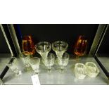 Glassware, to include a pair of heavy clear glass salts, two knop stemmed rummers, two cranberry