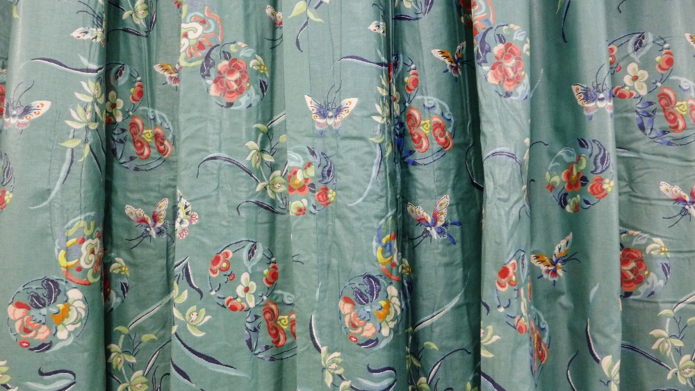 A pair of lined full length green butterfly and floral patterned curtains complete with tie backs - Image 2 of 3