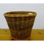 A circular wicker basket