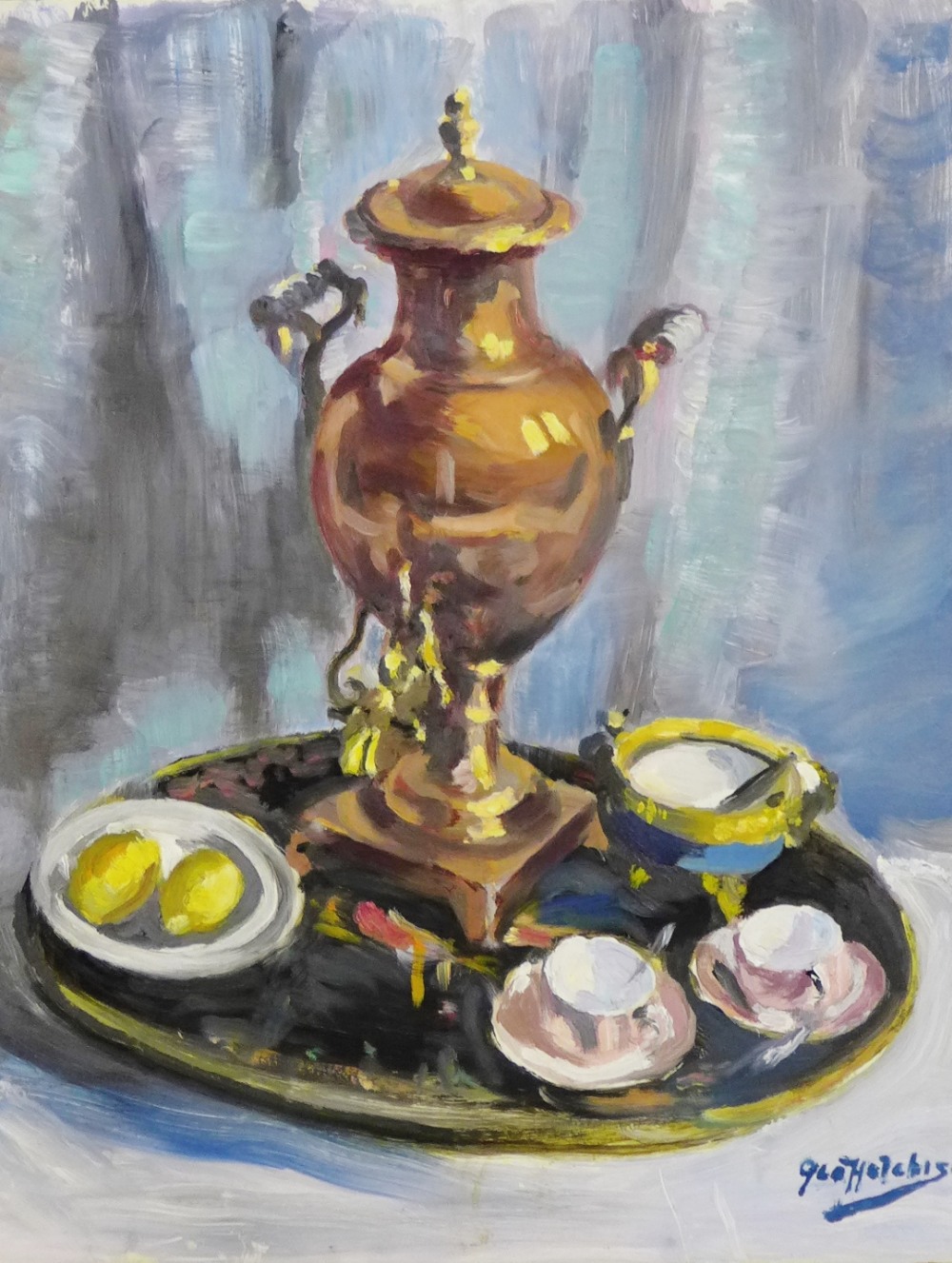 George Hutchison Still Life of a Tea Urn Oil-on-board, signed, unframed, 62 x 76cm