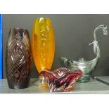 Art glass to include an Italian orange glass vase, aubergine coloured dish, a bowl in the form of