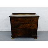 A mahogany ledgeback bow front chest with three long graduating drawers on bracket supports, 89 x