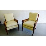 A pair of mahogany Bergere armchairs with upholstered seats and backs on gadroon supports, 87 x 69cm