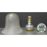 A Siddy Langley iridescent glass scent bottle and stopper together with an opaque glass shade and