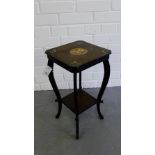 A Japanese black lacquered two-tier side table painted with flowers and stylised motifs, 48 x 27cm