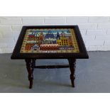 A mahogany framed side table with a Glasgow tapestry top on turned supports and stretchers, 45 x