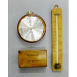 A mixed lot to include an olive wood Jerusalem box, a vintage wall thermometer and a small FCC