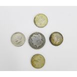 A USA silver One Dollar Coin, dated 1896, together with four American Half Dollars, dated 1971,